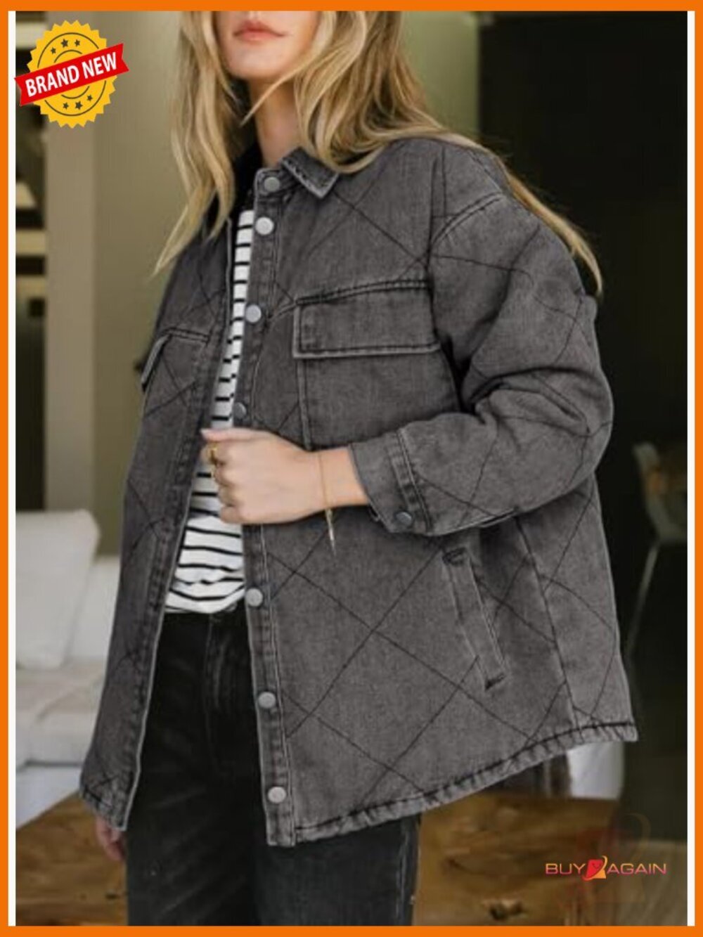 Oversized Denim Jacket Shacket Long Sleeve Button Down with Pockets - Picture 2 of 6